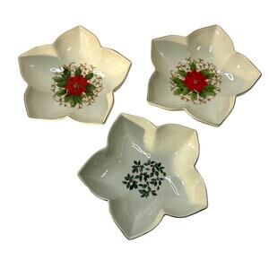 3 Christmas Candy Dip Serving Bowls Poinsettia Holly Star Shaped Gold Rim Essex